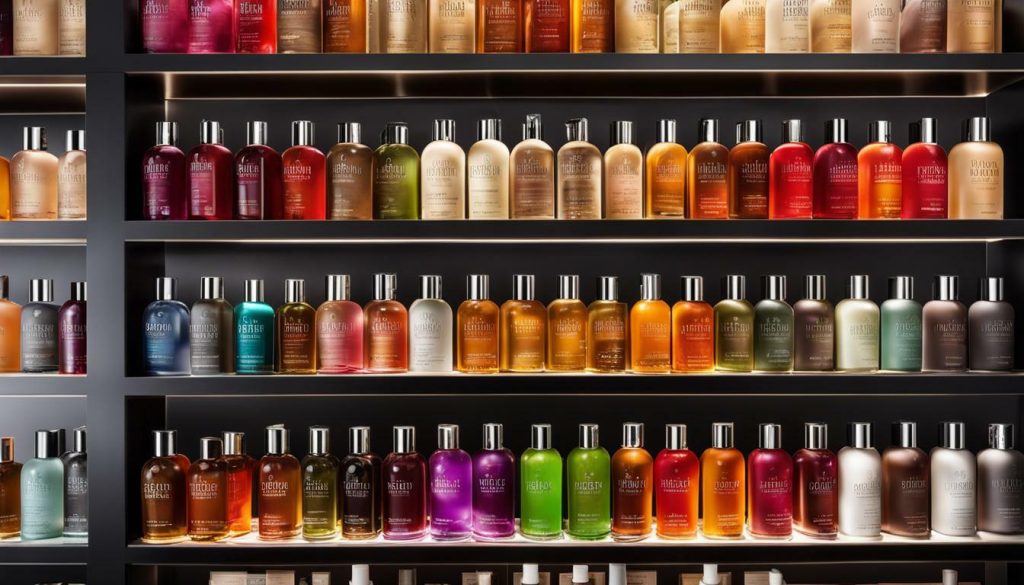 Molton Brown body wash displayed on a shelf at a beauty retailer