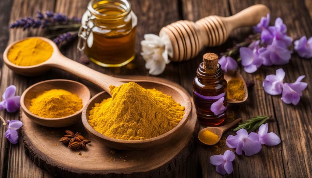 Turmeric powder and honey in wooden spoons, with other ingredients in the background.