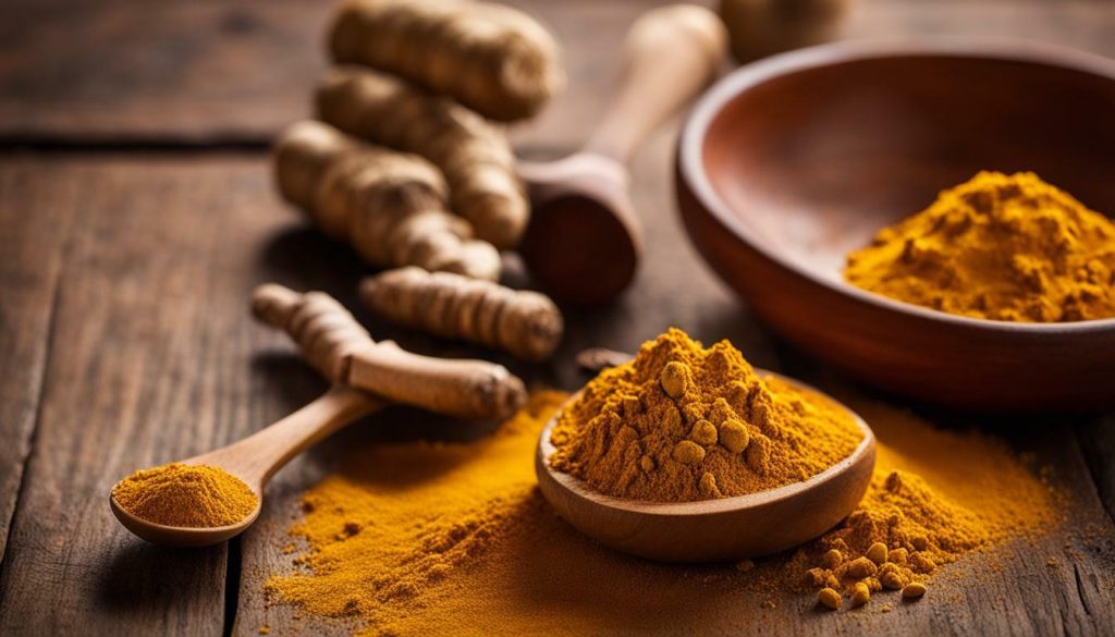 Turmeric powder and turmeric root on a wooden spoon